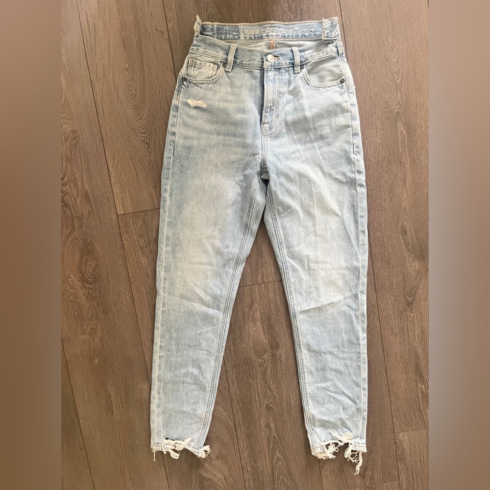 American Eagle Outfitters High-Rise Light Wash Jeans with Frayed Hem